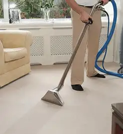 Professional carpet cleaner using a hot-water extraction wand and hose machine in a living room in Fort Collins, CO.